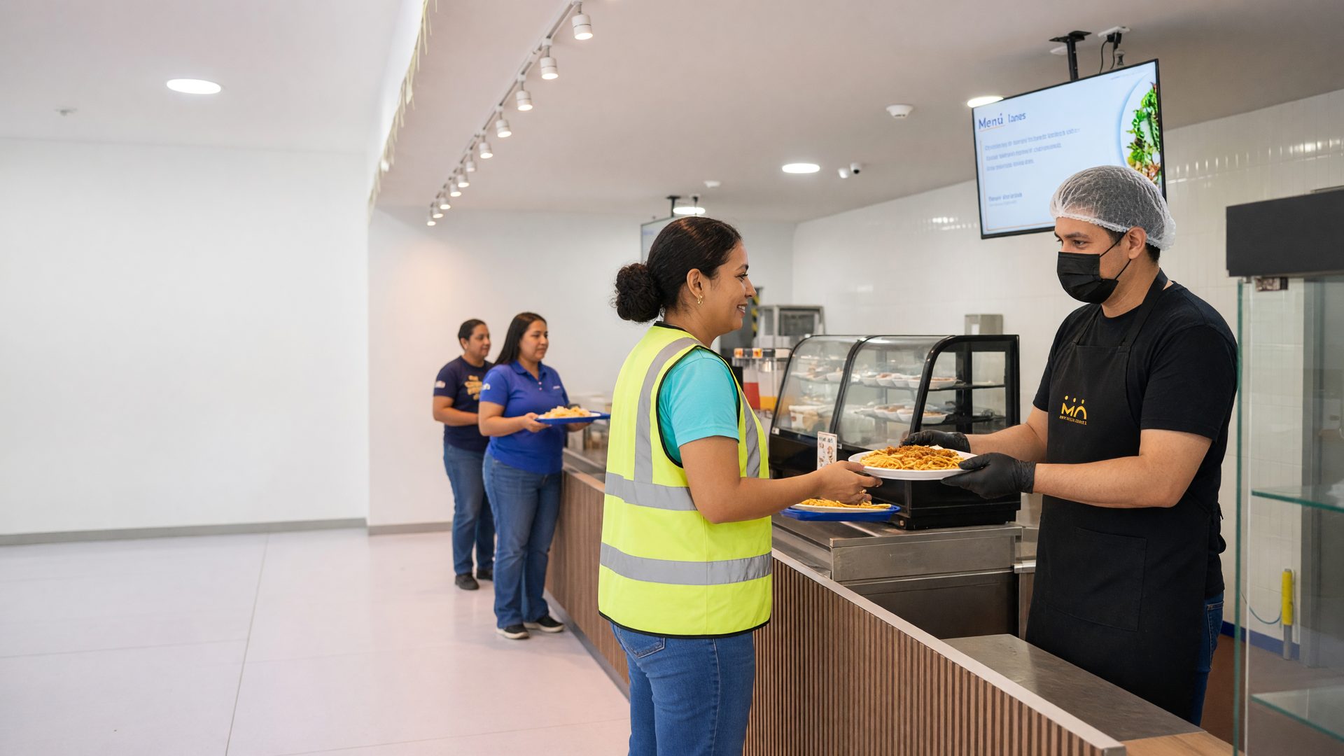 Personal de MOS Food Service entregando un platillo a una colaboradora con chaleco de seguridad en la línea de servicio de un comedor industrial