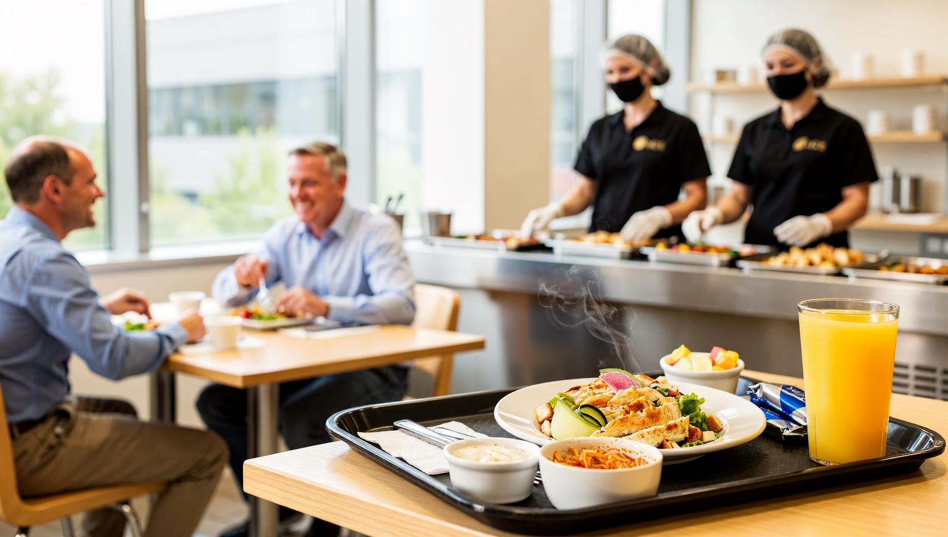 Charola con ensalada de pollo en el comedor de una empresa, con colaboradores comiendo al fondo
